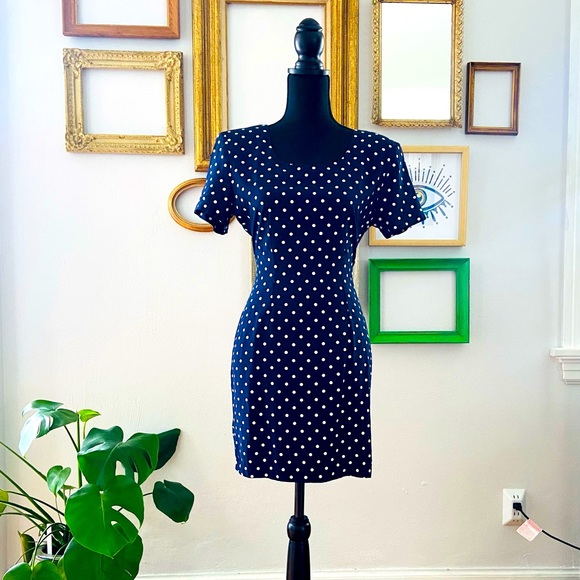 Vintage Dresses & Skirts - Vintage 90s Navy Polka Dot Mini Dress Size S